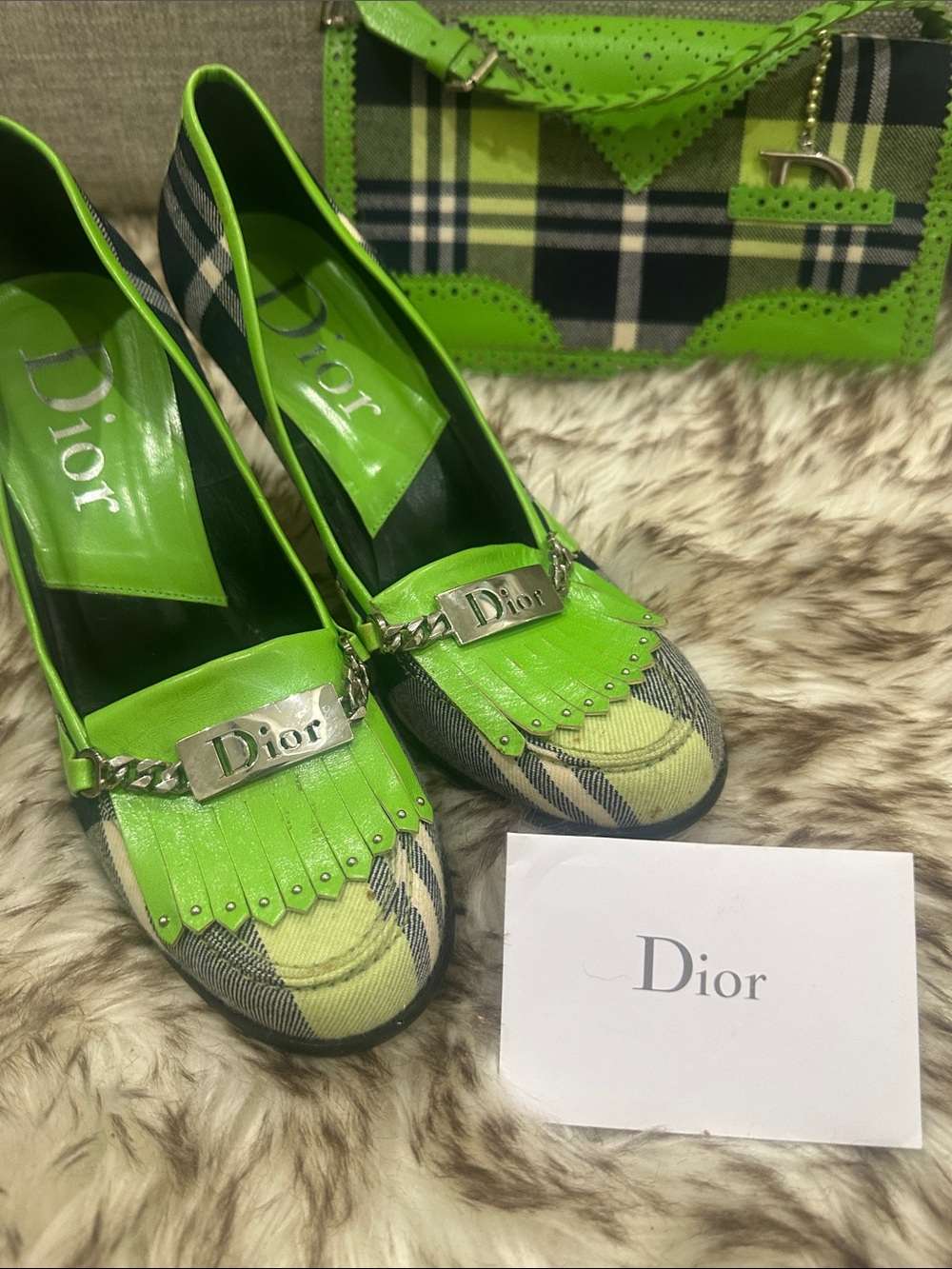 Dior Green Plaid Fringe Chain Loafer Pumps - Picture 7 of 8